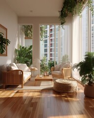 Poster - Bright and airy living room filled with plants, showcasing modern design and natural light in a contemporary setting