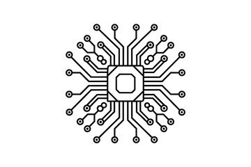 Fototapete - Minimalist illustration of a microchip with radiating connections ideal for representing technology circuits or data processing in a clean and modern design black and white