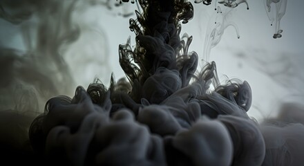 Poster - Black ink swirling and dispersing in water, creating abstract shapes and smoky textures against a bright backdrop.