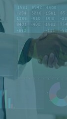 Poster - Shaking hands, doctors with financial data processing animation over medical charts