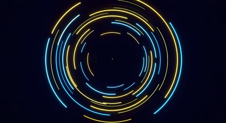 Fototapete - Abstract concentric circles of blue and yellow light streaks rotating around a central point on a dark background.