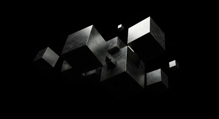 Fototapete - Abstract composition of metallic cubes floating in a dark, atmospheric space, creating a sense of depth and mystery.