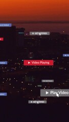 Poster - Cityscape at dusk with social media notifications animation over buildings and lights