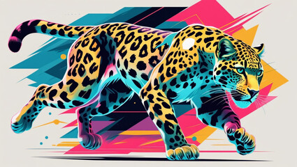 Wall Mural - Stylized graphic illustration of a running jaguar in a vibrant retro style