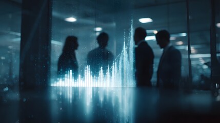 Poster - Business team reviewing financial data through holographic display  long title A group of professionals in a modern minimalist office setting are