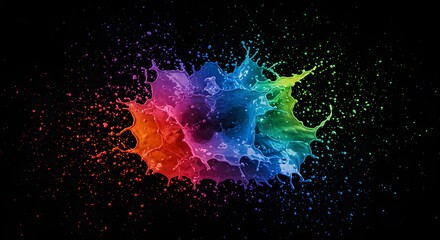 Poster - Vibrant splash of rainbow-colored paint exploding against a dark background, creating an abstract and dynamic visual effect.