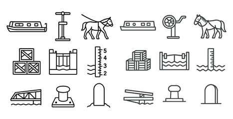 Poster - Collection of various objects and symbols, including a horse, a boat, and a scale. Scene is one of transportation and measurement