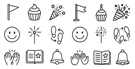 Poster - Collection of black and white icons, including a smiling face, a bell, a cupcake, a book, and a star