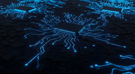 Leinwandbilder - Abstract visualization of interconnected microchips with glowing blue circuits on a dark background, representing technology and data flow.