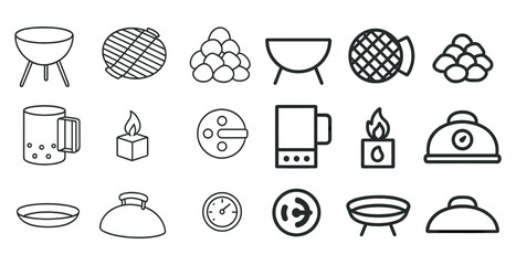 Poster - Collection of food and cooking utensils, including a grill, a cup, a bowl, a spoon, a clock, and a candle
