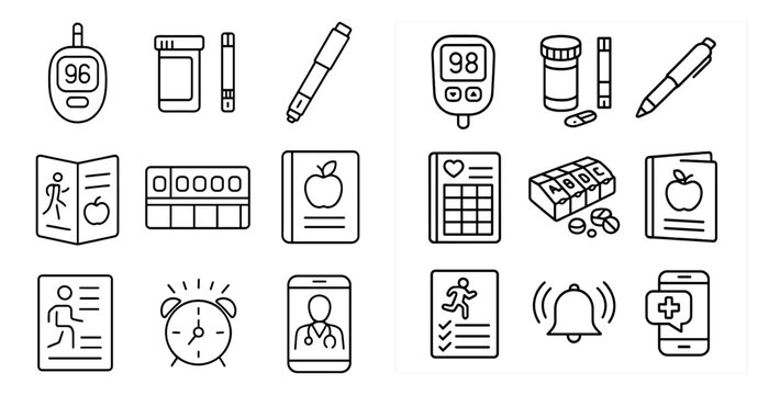 Set of medical icons including a book, a pen, a cell phone, a clock, a bottle, a syringe, a pill, a heart, a computer, a tablet, a keyboard, a computer mouse, a keyboard, a mouse