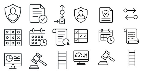 Poster - Collection of various icons, including a calendar, a clock, a scale, a gavel, and a person. These icons are arranged in a grid-like pattern, with each one occupying a different space