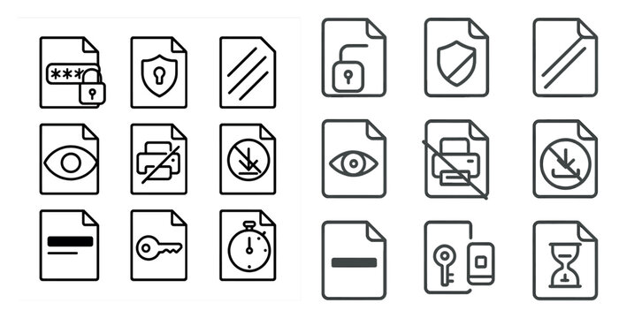 Set of icons for various computer applications. The icons include a key, a clock, a lock, a paper, a printer, a stop sign, a no print sign, a no print button, a no print icon