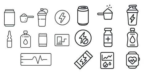Poster - Collection of fitness and health related icons. Some of the icons include a bottle of water, a sports ball, a spoon, and a watch. Scene is focused on health and fitness