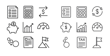 Poster - The image is a collection of various financial symbols and icons, including a calculator, a dollar sign, a piggy bank, and a tax sign. Scene is one of financial responsibility and planning
