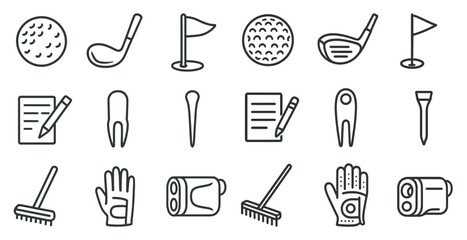 Poster - Set of golf-related icons, including a golf ball, golf club, and golf ball marker