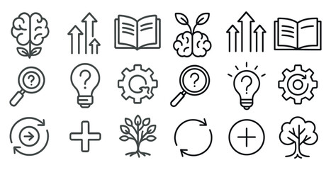 Poster - Set of icons that include a tree, a book, a brain, a magnifying glass, a light bulb, and a tree