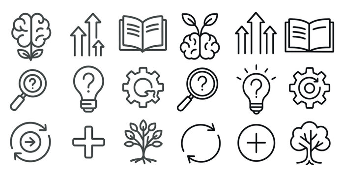 Set of icons that include a tree, a book, a brain, a magnifying glass, a light bulb, and a tree