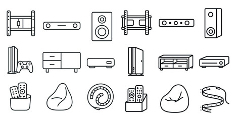 Poster - Collection of various electronic devices and furniture items, including a couch, a chair, a remote control, a speaker, and a video game console