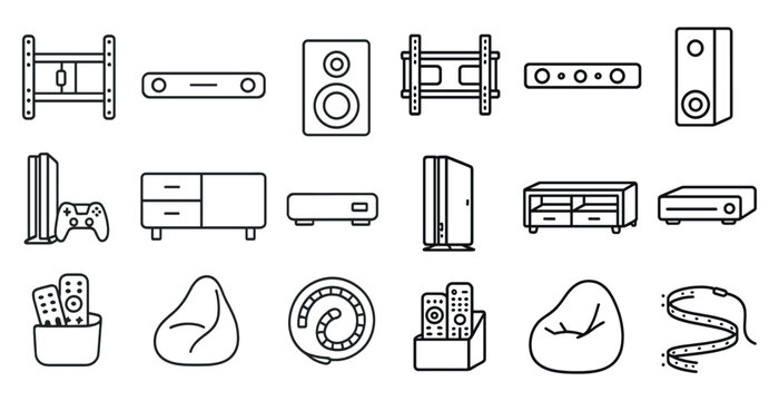 Collection of various electronic devices and furniture items, including a couch, a chair, a remote control, a speaker, and a video game console