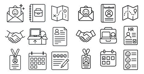 Poster - Set of icons for business and office supplies. The icons include a smiley face, a handshake, a briefcase, a laptop, a calendar, a folder, a book, a pen, a box, a suitcase, a passport