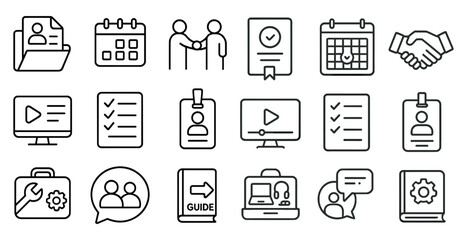 Poster - Set of icons for a calendar, a book, a laptop, a computer, a person, a person with a book, a person with a laptop, a person with a mouse, a person with a keyboard, a person with a mouse and