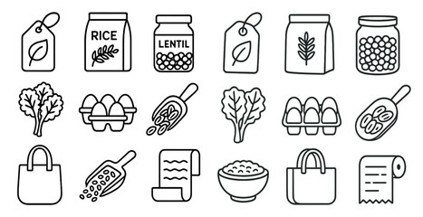 Poster - Set of food icons including rice, beans, eggs, and vegetables. The icons are drawn in a simple, minimalist style