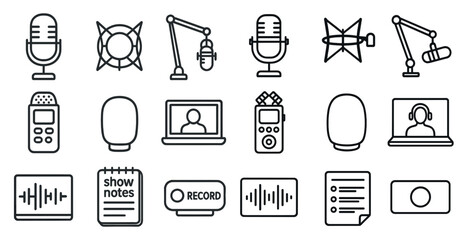 Poster - Set of icons for a show notes, record, and other audio equipment. The icons are all in black and white