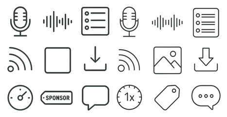 Poster - Set of icons for a computer program. The icons include a microphone, a clock, a download button, a download icon, a download arrow, a download box, a download button, a download icon
