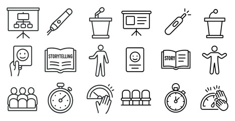 Poster - Set of icons for a presentation, including a microphone, a book, a clock, and a person