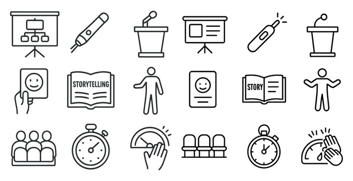 Set of icons for a presentation, including a microphone, a book, a clock, and a person