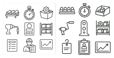 Poster - The image is a collection of various industrial icons and symbols. The icons include a clock, a box, a tool, a person, a machine, and a person holding a clipboard. Scene is industrial and professional