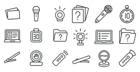 Poster - Set of icons for various devices and tools, including a microphone, a clock, a laptop, and a remote control