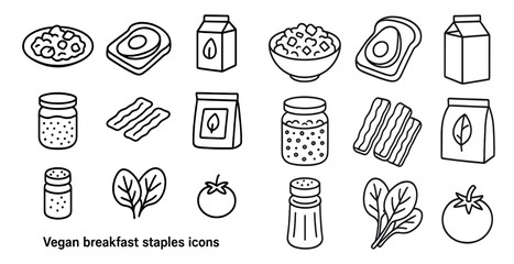 Poster - Collection of vegan breakfast staples icons. The icons include a jar of bacon, a box of cereal, a jar of jam, a jar of peanut butter, a box of bread, a jar of jelly, a jar of honey