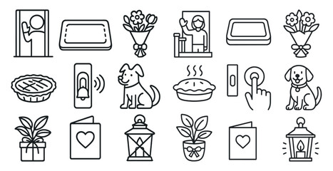 Poster - Collection of black and white icons that include a dog, a pie, a card, a plant, a candle, and a person