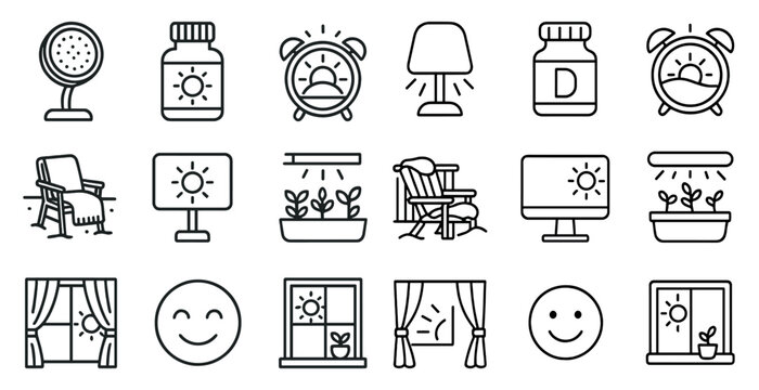 Set of icons for a home design theme. The icons include a clock, a chair, a lamp, a book, a computer, a plant, a window, and a smiley face