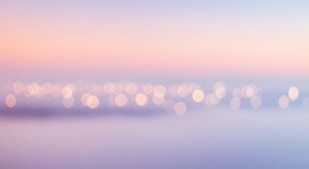 Poster - Soft, out-of-focus photograph of city lights shimmering on the water under a pastel sky at dawn or dusk, creating a dreamy, ethereal atmosphere.
