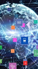 Poster - Animation of network of connections with digital icons over globe in background