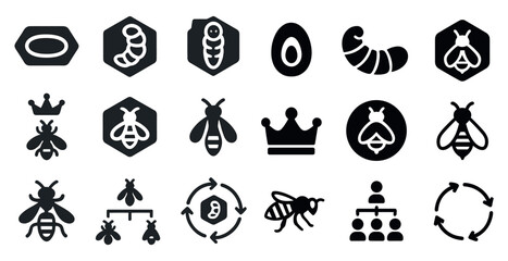 Leinwandbilder - Set of black and white icons of insects, including bees, caterpillars, and eggs