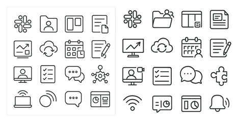 Leinwandbilder - Set of icons for a computer program. The icons include a calendar, a check box, a clock, a person, a laptop, a phone, a computer monitor, a keyboard, a mouse, a cloud, a book, a folder