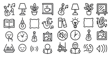 Leinwandbilder - Collection of icons for various objects and activities, including a clock, a guitar, a book, a pillow, a plant, and a cup