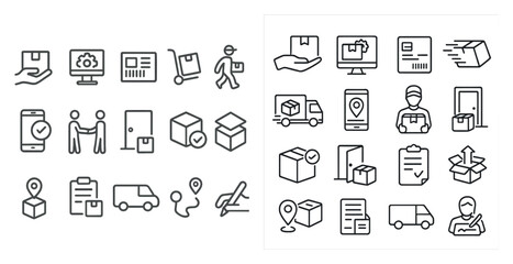Leinwandbilder - Set of icons for a delivery service. The icons include a person holding a box, a person holding a phone, a person holding a clipboard, a person holding a package, a person holding a computer