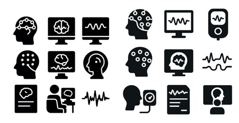 Poster - Collection of black and white icons for various medical devices and procedures. The icons include a man sitting at a computer, a man with a stethoscope, a man with a monitor