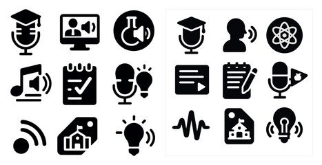 Leinwandbilder - Collection of icons that represent various aspects of education and learning. The icons include a microphone, a book, a computer, a clock, a house, a person, a pen, a notebook, a house, a building