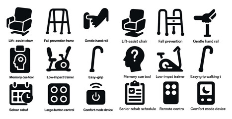 Leinwandbilder - Set of icons for various home health care items. The icons include a walker, a wheelchair, a bed, a chair, a bedside table, a clock, a remote control, a keyboard, a mouse, a computer