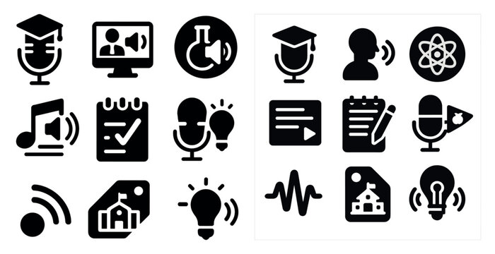 Collection of icons that represent various aspects of education and learning. The icons include a microphone, a book, a computer, a clock, a house, a person, a pen, a notebook, a house, a building