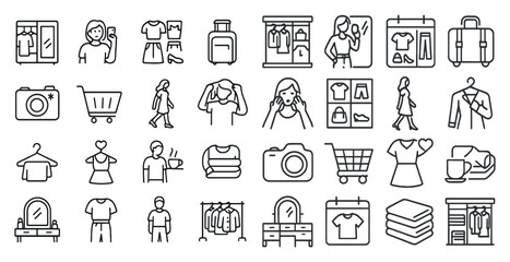 Leinwandbilder - Collection of clothing and travel icons. The icons include a camera, suitcase, and clothes. Scene is casual and relaxed, as it features people wearing clothes and traveling
