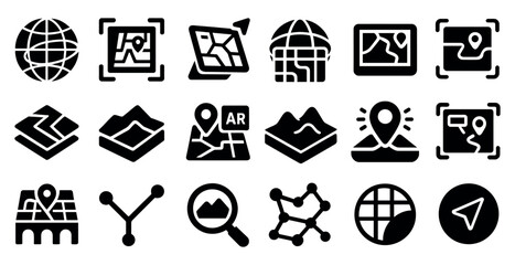 Fototapete - Collection of icons for navigation and mapping. Some of the icons include a globe, a magnifying glass, and a compass