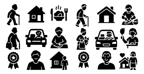 Leinwandbilder - Collection of black and white icons depicting various aspects of life, including a person holding a bag, a person holding a fork, a person holding a knife, a person holding a book, a person holding