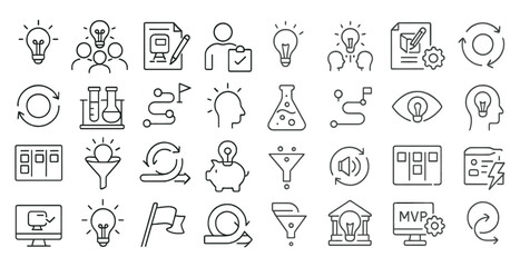 Leinwandbilder - Collection of icons that represent various concepts and ideas. The icons include a light bulb, a person with a clipboard, a person with a pen, a person with a book, a person with a computer